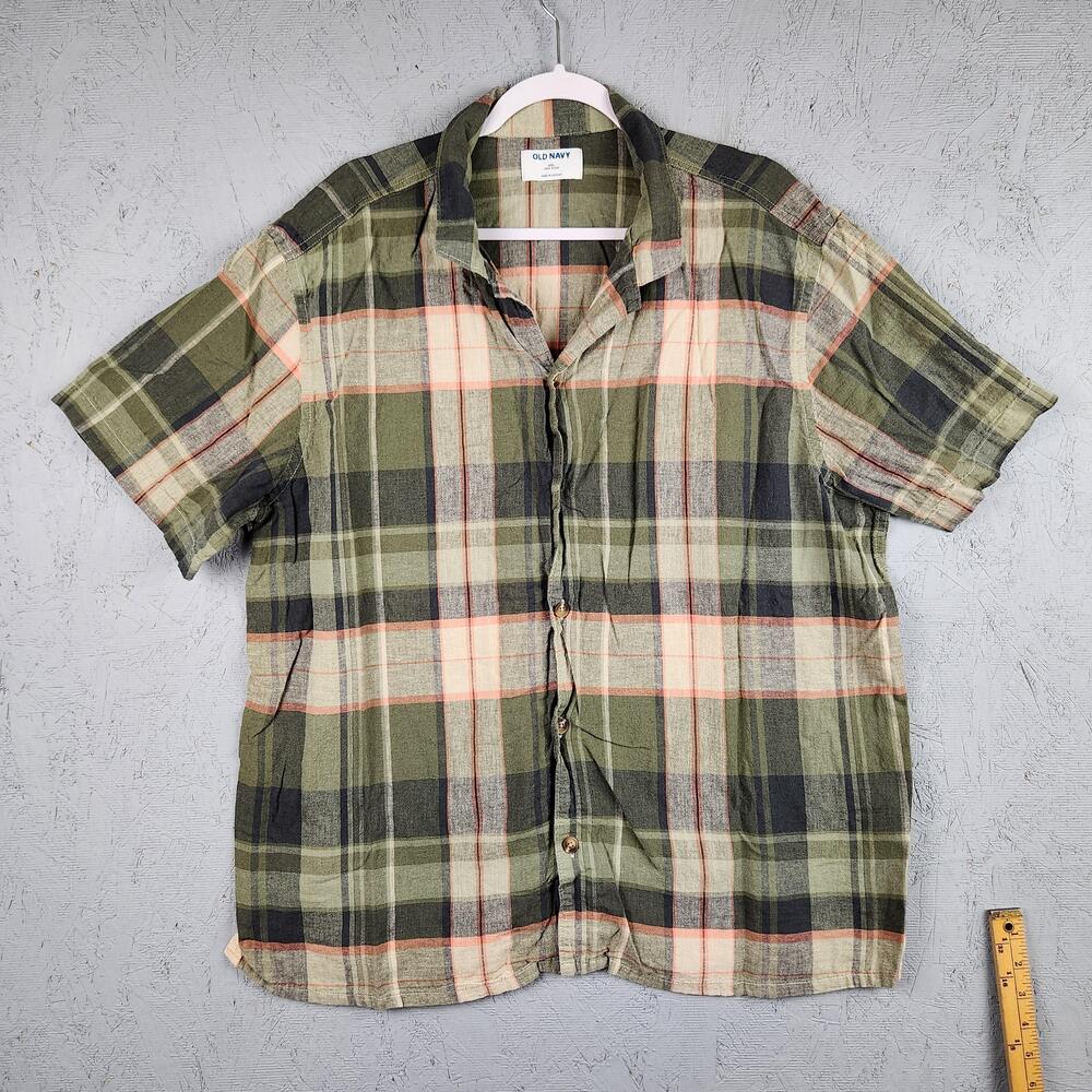 Old Navy Shirt Mens 2XL Green Plaid Linen Blend Button Up Short Sleeve Outdoors